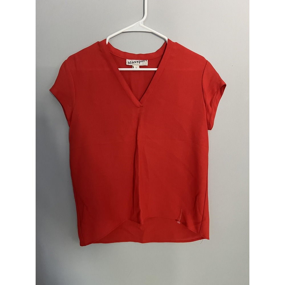 Vtg Blassport Shirt Womens 10 Red V Neck Short Sleeve Dressy Work Career Top